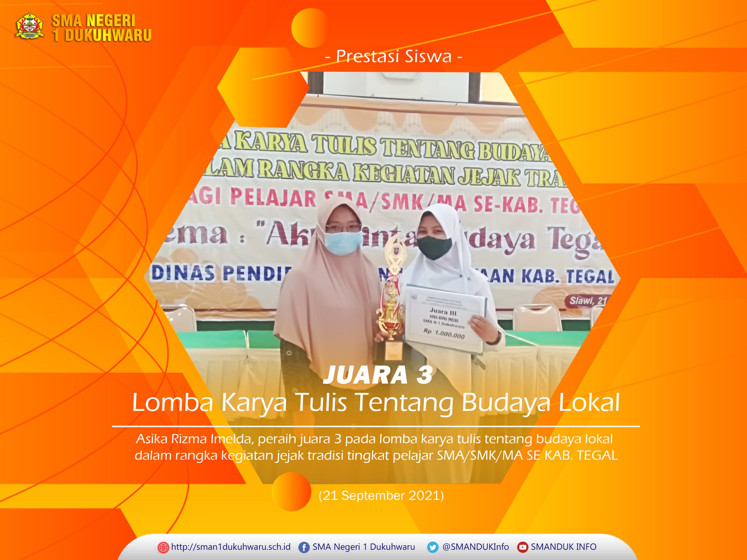 Dua Siswa SMAN 1 Dukuhwaru Juara 3 Lomba Karya Tulis Kesejarahan 2021